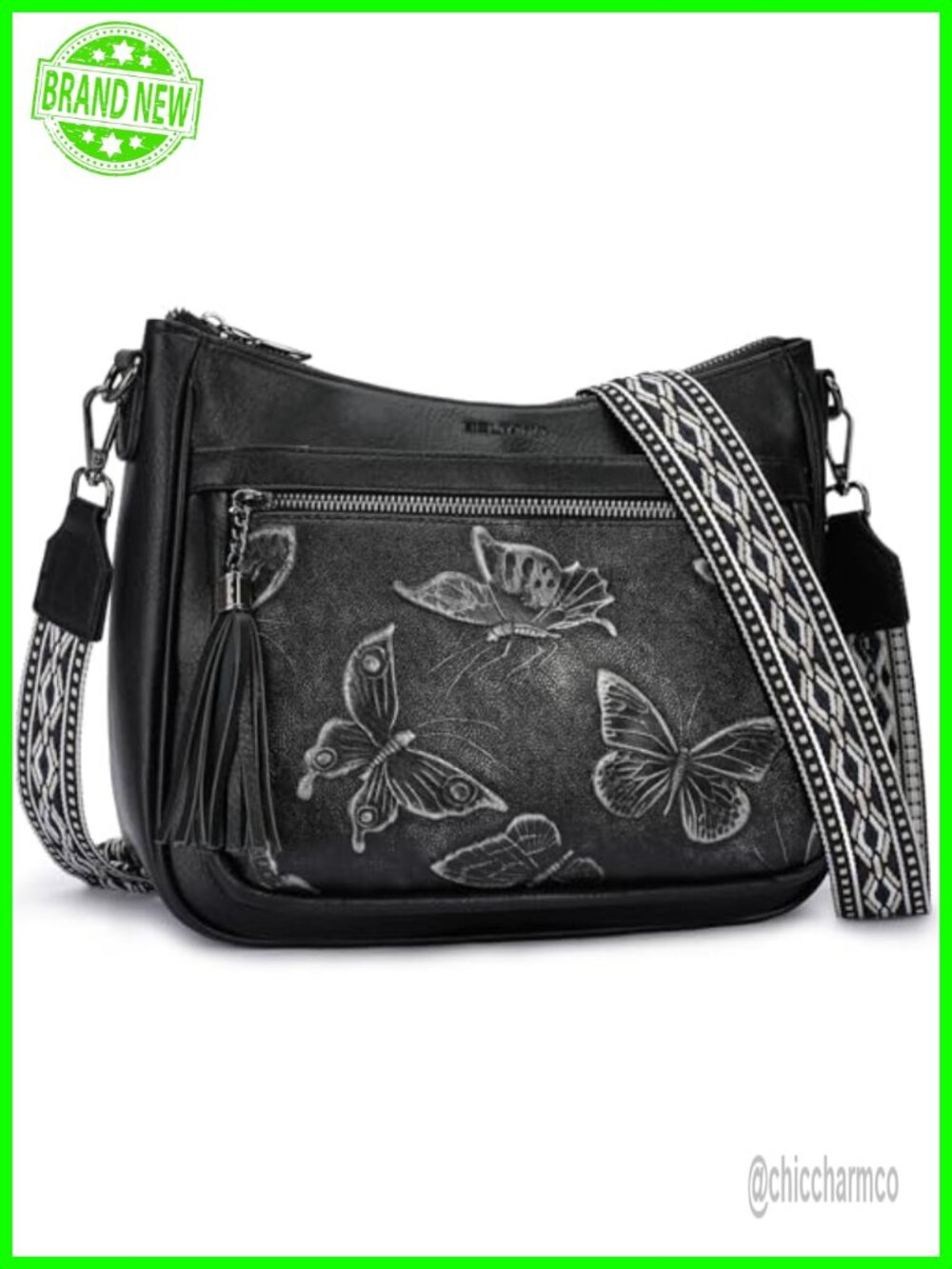 Vegan Leather Crossbody Bag Butterfly Embossed Adjustable Strap